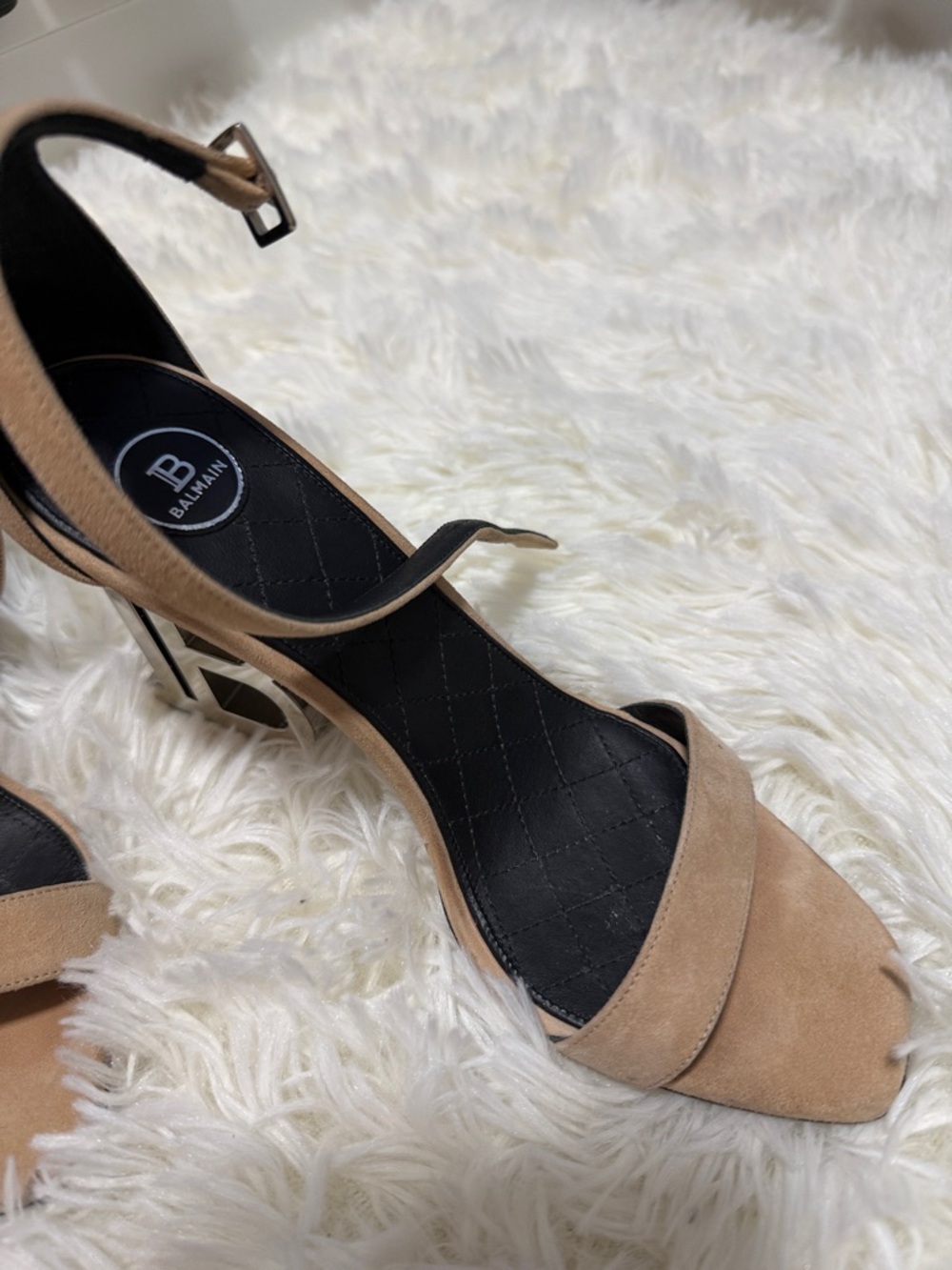 Balmain Beige Suede Ankle-Strap Heels with Sculptural Metallic Logo Heel - Picture 7 of 8